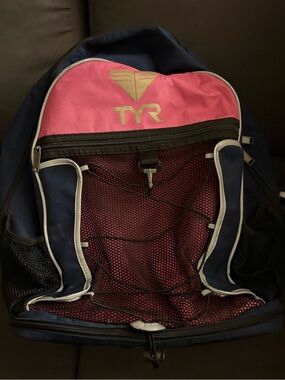 TYR Navy and Pink Athletic Backpack with Front Mesh Pocket
